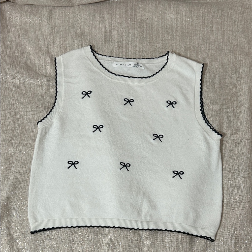 Altar'd State White Knit Tank with Black Bow Embroidery